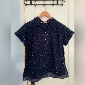 St. John's Bay NWT Navy Blue Fruit Print Petite Large  Preppy Button Up Shirt